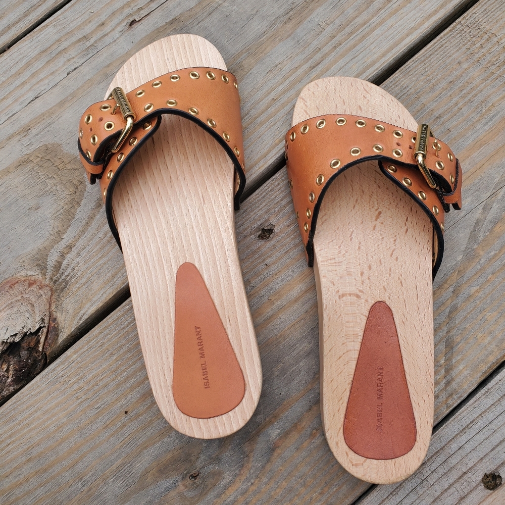 ISABEL MARANT Women's Tan Leather Jaso Eyelet Slide Clog 2 Sizes